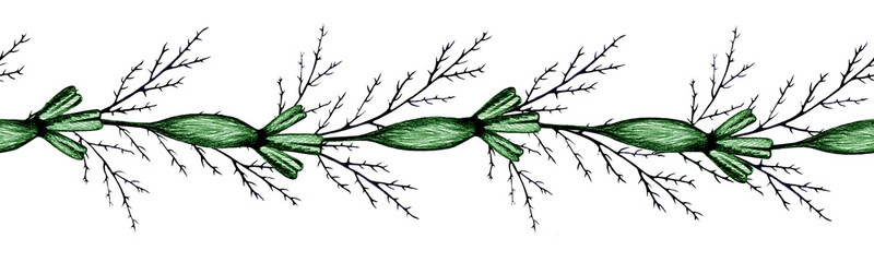 Flower Seamless Border. Floral Border with Green Marigold Buds Drawn by Color Pencils. Seamless Floral Background in Hand Drawn Style Isolated on White.