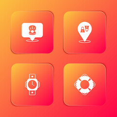 Set Scallop sea shell, Flippers for swimming, Diving watch and Lifebuoy icon. Vector