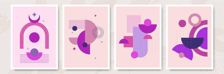 Vector Illustration. Vintage geometric shapes. Mid century modern style. Modern boho wall decor. Minimalist contemporary art. Design elements for web banner, social media template. Retro concept