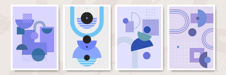 Modern abstract aesthetic set of geometric balance shapes, stairs and plants. Wall decor in boho style. Mid century vector print for cover, wallpaper, card, social media, interior decor