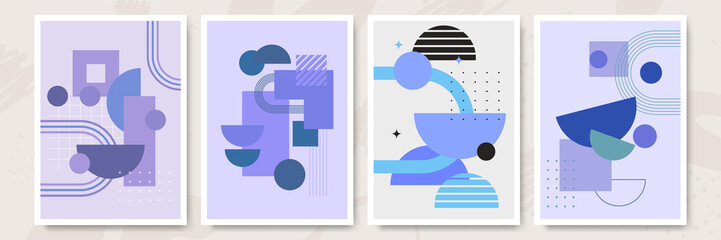 Modern abstract aesthetic set of geometric balance shapes, stairs and plants. Wall decor in boho style. Mid century vector print for cover, wallpaper, card, social media, interior decor