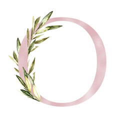 Watercolor Rose Gold Olive Floral Alphabet letter O with flowers.Feminine botanical Floral letter element for baby shower invite, Monogram for wedding, logo, frame art, poster, new baby name printable