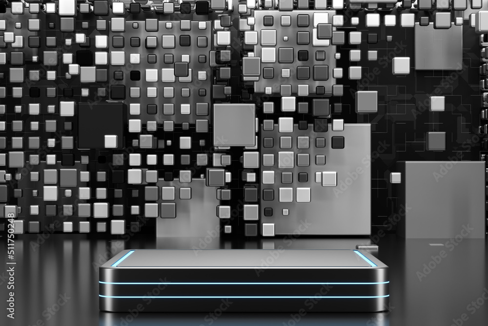 Poster futuristic background of their cubes. podium for your design product in futuristic style. the techno