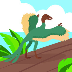 Dinosaur Archeopteryx spread its wings and walks on the ground