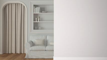Fototapeta na wymiar Classic living room with white sofa with molded walls on a foreground wall, interior design architecture idea, concept with copy space, blank background