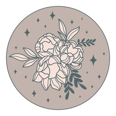 Outline peony flowers boho vector design. Boho mystical wildflowers. Celestial florals and stars