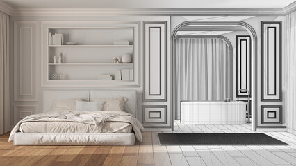 Architect interior designer concept: hand-drawn draft unfinished project that becomes real, classic bedroom and bathroom. Bed and carpet, bathtub. Molded walls, parquet