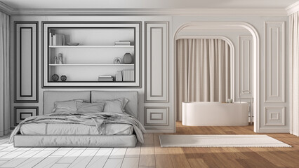 Architect interior designer concept: hand-drawn draft unfinished project that becomes real, classic bedroom and bathroom. Bed and carpet, bathtub. Molded walls, parquet