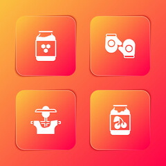 Set Jar of honey, Christmas mitten, Scarecrow and Jam jar icon. Vector