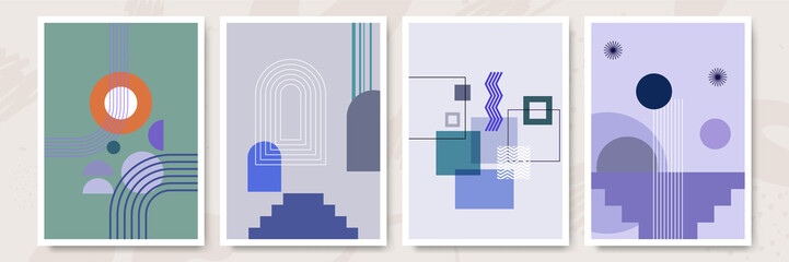 Modern abstract aesthetic set of geometric balance shapes, stairs and plants. Wall decor in boho style. Mid century vector print for cover, wallpaper, card, social media, interior decor