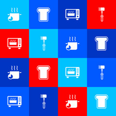 Set Cooking pot, Bread toast, Microwave oven and Kitchen hammer icon. Vector