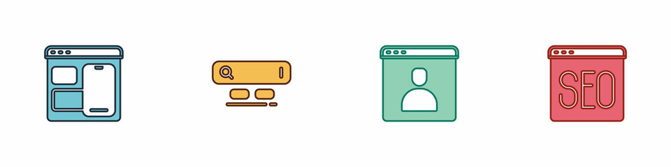 Set Web developer programming code, Search engine, Create account screen and SEO optimization icon. Vector