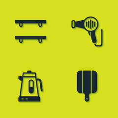 Set Empty wooden shelves, Cutting board, Electric kettle and Hair dryer icon. Vector