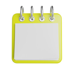 Yellow flip calendar with white pages. Minimalist design planner. Yellow calendar icon. Place for text or logo. Isolated. 3d illustration. 3D render.