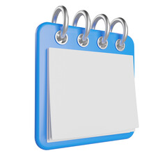 Blue flip calendar with white pages side view. Minimalist design planner. Blue calendar icon. Place for text or logo. Isolated. 3d illustration. 3D render.