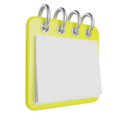 Yellow flip calendar with white pages side view. Minimalist design planner. Yellow calendar icon. Place for text or logo. Isolated. 3d illustration. 3D render.