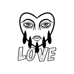 black and white love face heart doodle illustration for sticker tattoo poster t-shirt design etc
