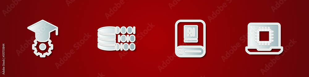 Poster set graduation cap, binary code, artificial intelligence ai and processor cpu icon. vector