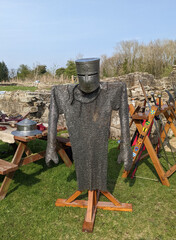 Armour and weapons at Beaurepaire Priory, Bearpark, Durham, April 2022.