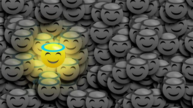 Good Pearson emoji isolated on little blur black and white emojis. Bright flickering light footage clip.