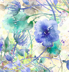 Watercolor bouquet of flowers, Beautiful abstract splash of paint, fashion illustration.Orchid flowers, poppy, cornflower,pansies, viola, field or garden flowers. Watercolor abstract.thickets, garden 