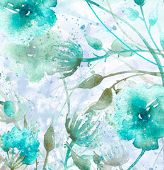 Watercolor bouquet of flowers, Beautiful abstract splash of paint, fashion illustration.Orchid flowers, poppy, cornflower,pansies, viola, field or garden flowers. Watercolor abstract.thickets, garden 