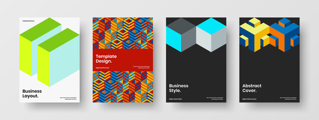 Multicolored geometric pattern corporate identity template set. Clean booklet design vector concept bundle.