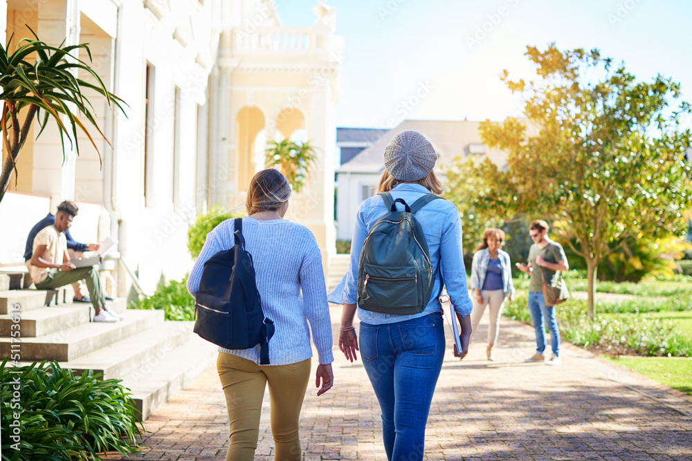 Poster On our way to class ready to learn. Rearview shot of unrecognizable university students walking to class on campus.