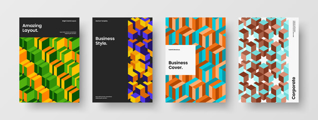 Obraz premium Vivid mosaic pattern company cover template collection. Colorful pamphlet A4 vector design layout bundle.