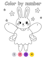 Color by number game for kids. Rabbit in costume fairy. Halloween bunny. Printable worksheet with solution for school and preschool. Learning numbers activity.