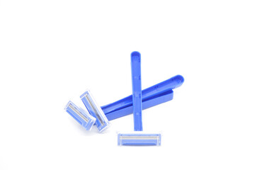 disposable blue shaving razor on white background