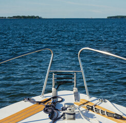 A view to the sea from a small ship bow 