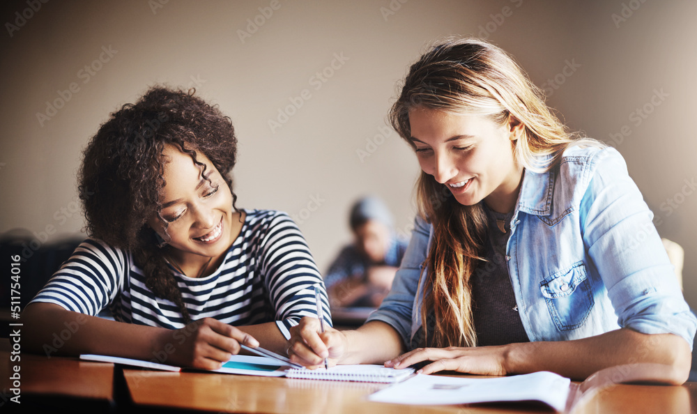 Poster Working on our task together. Cropped shot of female university students in class.