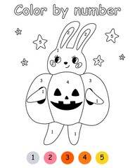 Color by number game for kids. Rabbit in costume pumpkin. Halloween bunny. Printable worksheet with solution for school and preschool. Learning numbers activity.