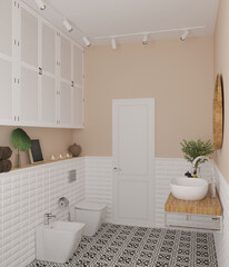3d illustration. Stylish bathroom with toilet and wash basin, ornamented floor tiles. 3d render