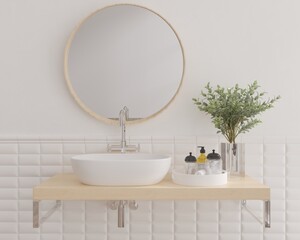 Fototapeta na wymiar 3d illustration. Stylish bathroom interior with vessel sink and decor elements. 3d render