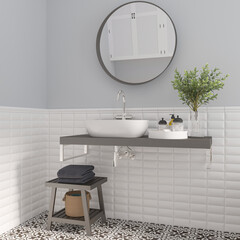 3d rendering. Modern bathroom interior with stylish mirror and vessel sink. 3d illustration
