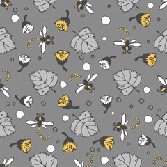 Floral pattern. Seamless vector pattern with bees and dragonflies, small buds on a branch, varied foliage. Botanical print with autumn mood. Vector printing of fabrics and polygraphy products.