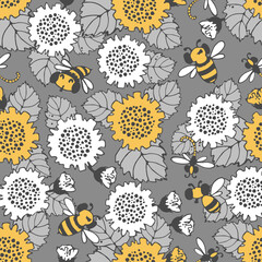 Floral pattern. Seamless vector pattern with large sunflower flowers, bees and dragonflies, small buds on a branch, various foliage. Botanical print printing of fabrics products.