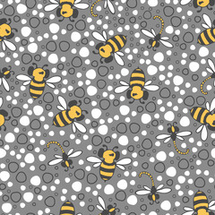 Floral pattern. Seamless vector pattern with bees and small buds on a branch, varied foliage. Botanical print with autumn mood. Vector printing of fabrics and polygraphy products.