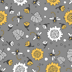 Floral pattern. Seamless vector pattern with bees and dragonflies, small buds on a branch, varied foliage. Botanical print with autumn mood. Vector printing of fabrics and polygraphy products