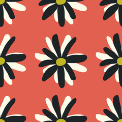 Cute seamless pattern with scattered flowers and dots. Simple girly print. Vector illustration.
