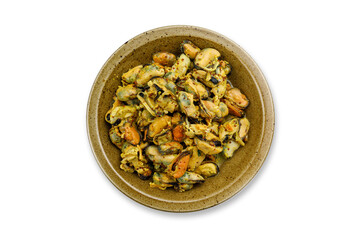 cooked seafood on a plate on a white background
