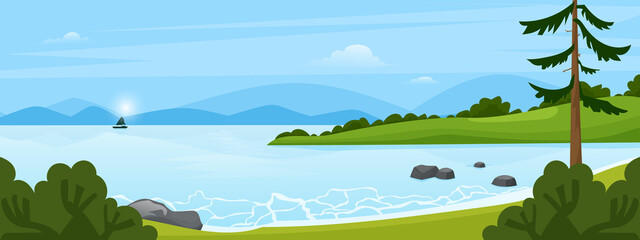 Landscape with river flowing through hills, scenic green forest and mountains. scene with river vector illustration 