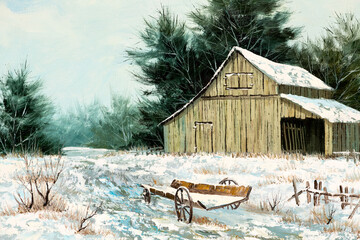 Winter landscape of an old barn house and wooden wagon, macro of oil painting.  Christmas Holiday or Old West concept.