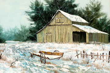 Winter landscape of an old barn house and wooden wagon, macro of oil painting.  Christmas Holiday or Old West concept. © VIS Fine Arts