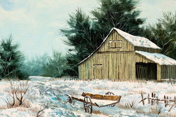 Winter landscape of an old barn house and wooden wagon, macro of oil painting.  Christmas Holiday or Old West concept. © VIS Fine Arts