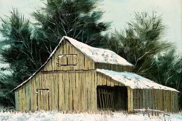 Winter landscape of an old barn house, macro of oil painting.  Christmas Holiday or Old West concept. © VIS Fine Arts