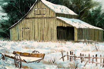 Winter landscape of an old barn house and wooden wagon, macro of oil painting.  Christmas Holiday or Old West concept. © VIS Fine Arts