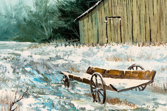 Winter landscape of an old barn house and wooden wagon, macro of oil painting.  Christmas Holiday or Old West concept.